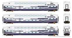 Rapido Trains Inc. Bi-Level Commuter 2 Coach And Cab Car Set - Ready To Run -- Metrolink Set No.1 (Cab 612, Coach 183, 204, White, Blue)