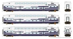 Rapido Trains Inc. Bi-Level Commuter 2 Coach And Cab Car Set - Ready To Run -- Metrolink Set No.2 (Cab 628, Coach 189, 207, White, Blue)