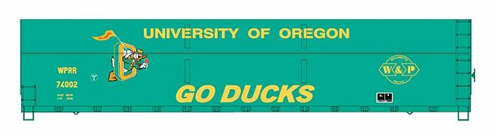 Intermountain Railway FMC Welded-Side Wood Chip Gondola - Ready To Run - Value Line -- Willamette & Pacific #74002 (Univ. On Oregon Ducks, Green, Team Logo)