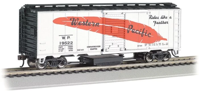 Bachmann Track Cleaning 40' Boxcar, Removable Dry Pad - Ready To Run - Silver Series -- Western Pacific 19522 (silver, Orange, Black, Large Feather)
